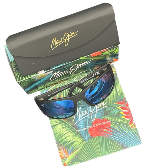 Maui Jim Peahi Polarized Wrap Sunglasses Matte Black Blue Hawaii Lenses - Picture 2 of 9